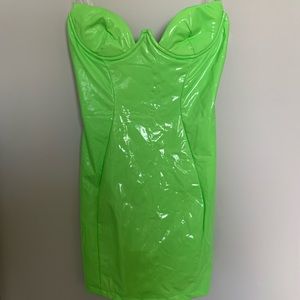 Bright green latex strapless mini dress